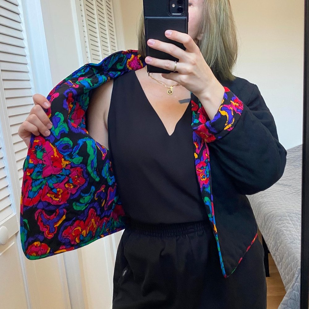 Black silk quilted jacket with colorful lining, Asia style high quality blazer